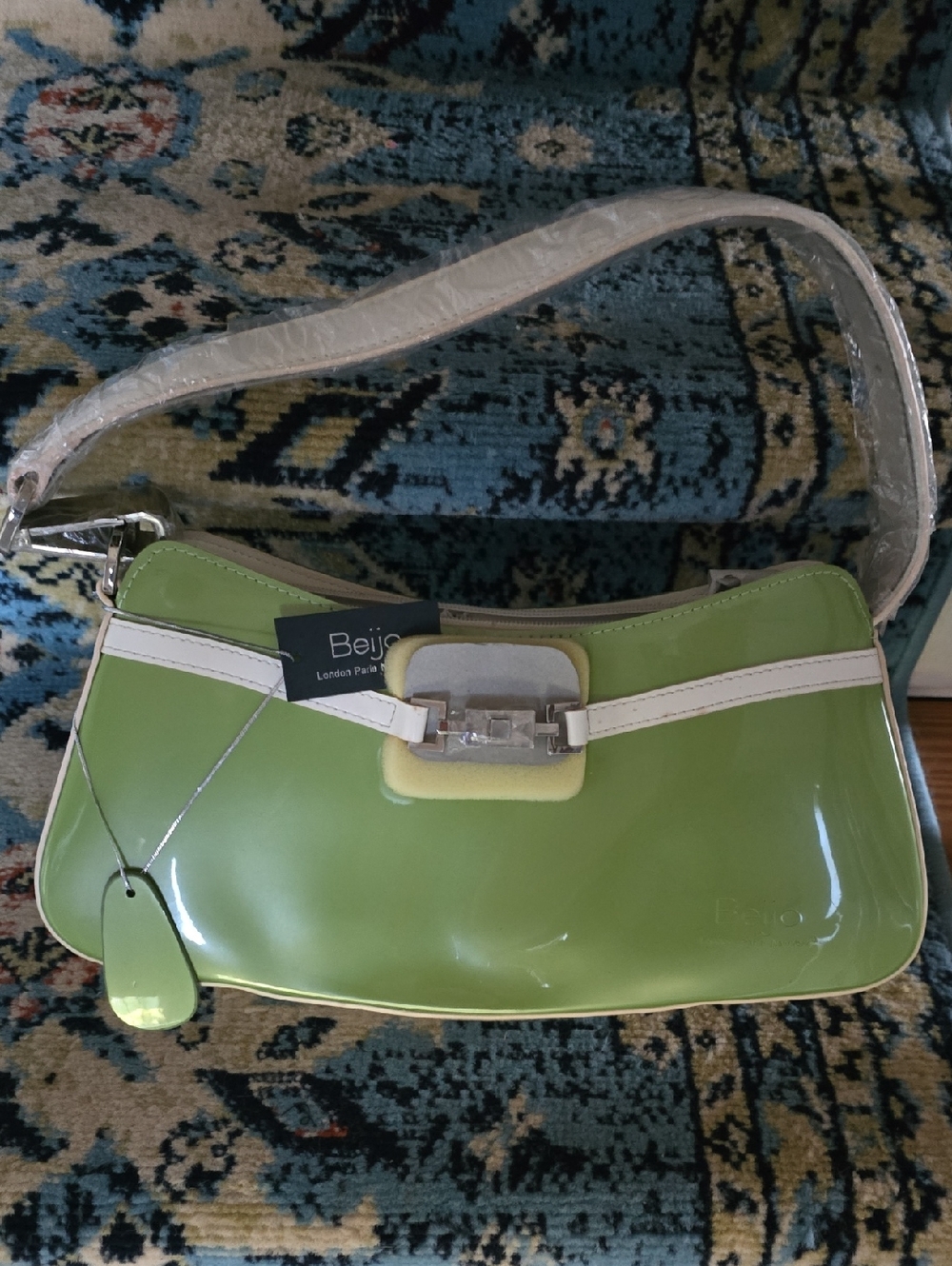 Beijo Lime Patent Shoulder Bag with White Trim